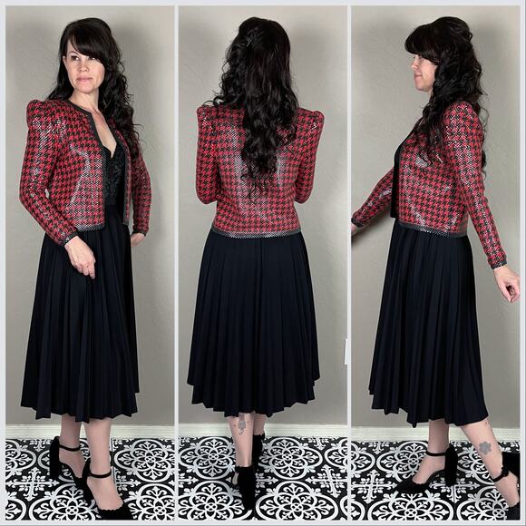 Vintage 1980s Houndstooth Sequins Knit Open Front Crop Jacket - Picture 3 of 7